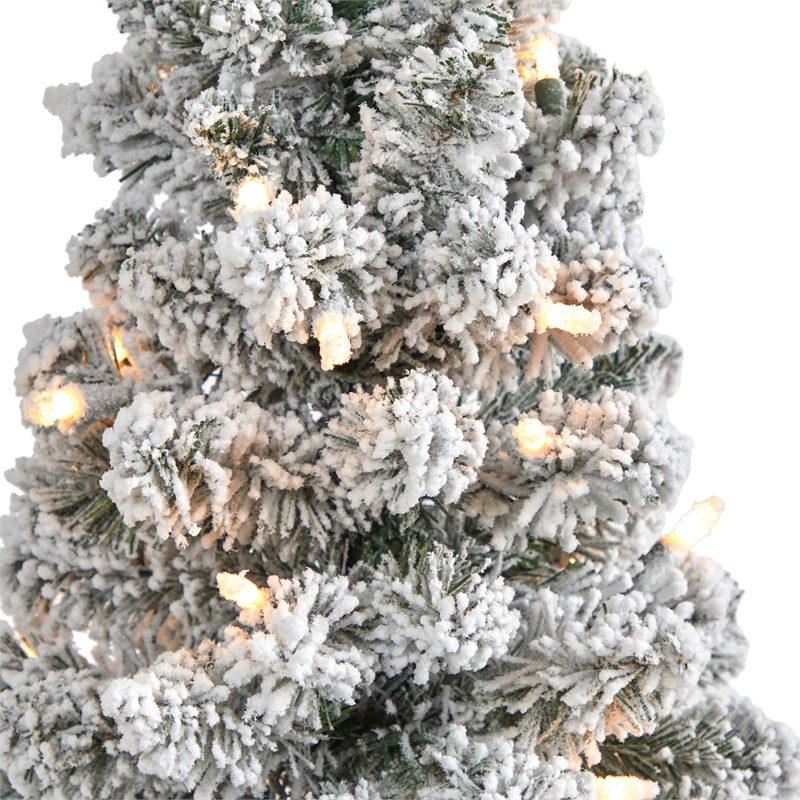 Nearly Natural 3ft Flocked Pencil Christmas Tree with 50 Clear Lights in White