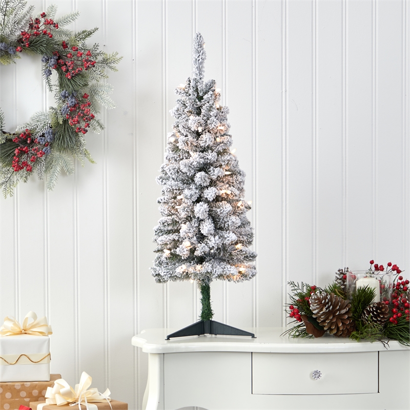 Nearly Natural 3ft Flocked Pencil Christmas Tree with 50 Clear Lights in White