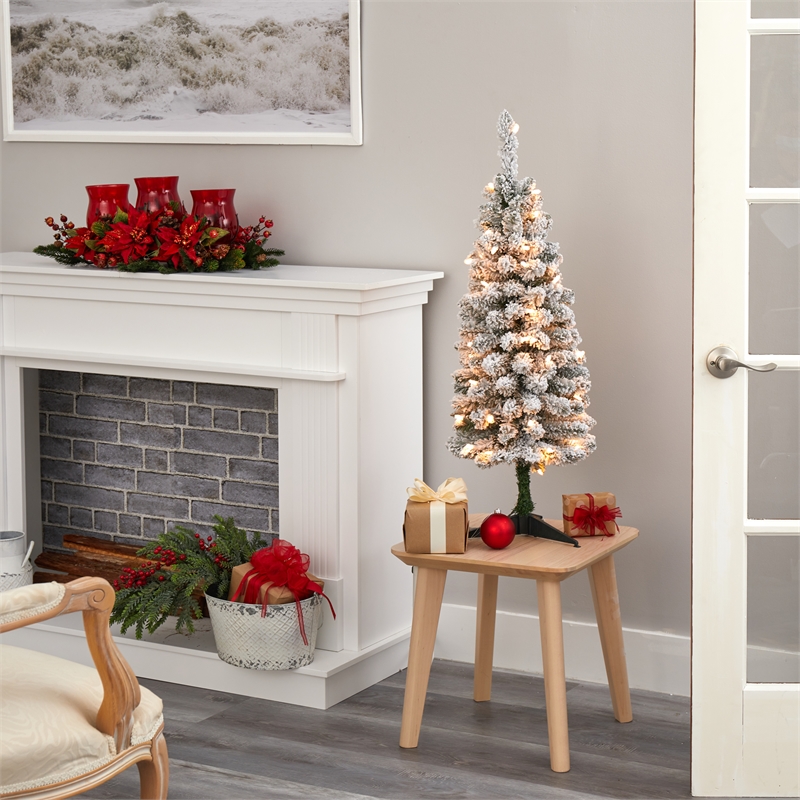 Nearly Natural 3ft Flocked Pencil Christmas Tree with 50 Clear Lights in White