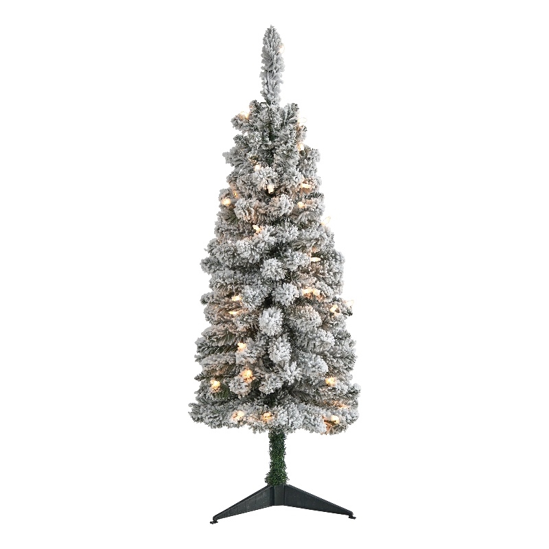 Nearly Natural 3ft Flocked Pencil Christmas Tree with 50 Clear Lights in White