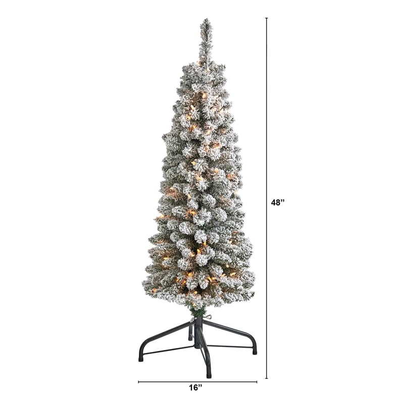 Nearly Natural 4ft Flocked Pencil Christmas Tree with 100 Clear Lights in White