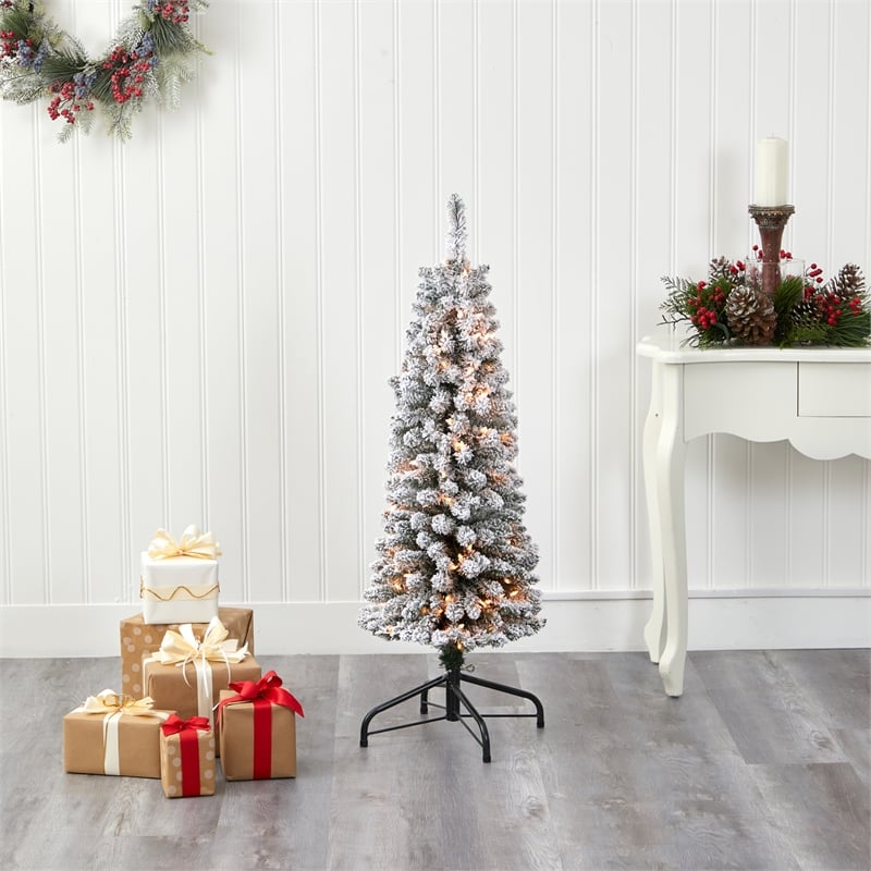 Nearly Natural 4ft Flocked Pencil Christmas Tree with 100 Clear Lights in White