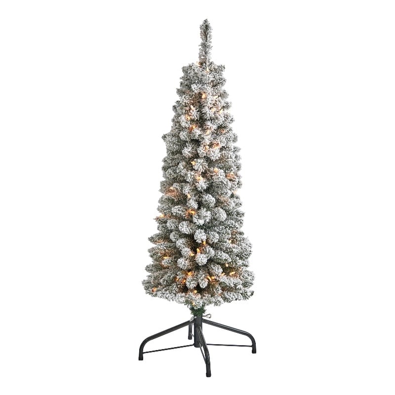 Nearly Natural 4ft Flocked Pencil Christmas Tree with 100 Clear Lights in White