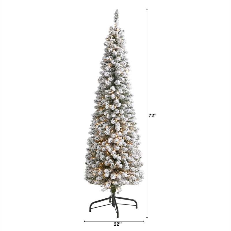 Nearly Natural 6ft Flocked Pencil Christmas Tree w/ 300 Clear Lights