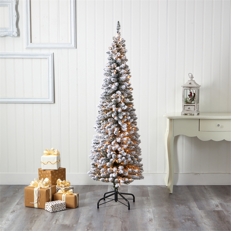 Nearly Natural 6ft Flocked Pencil Christmas Tree w/ 300 Clear Lights