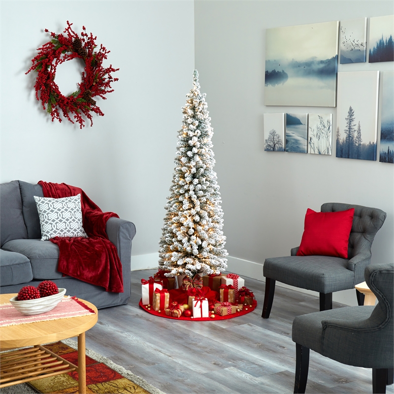 Nearly Natural 6ft Flocked Pencil Christmas Tree w/ 300 Clear Lights