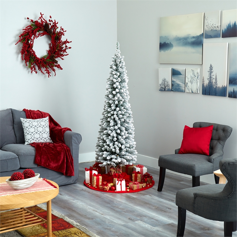Nearly Natural 6ft Flocked Pencil Christmas Tree w/ 300 Clear Lights