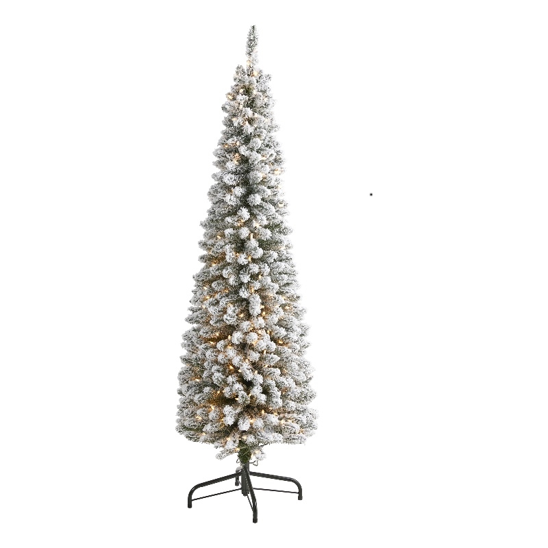 Nearly Natural 6ft Flocked Pencil Christmas Tree w/ 300 Clear Lights