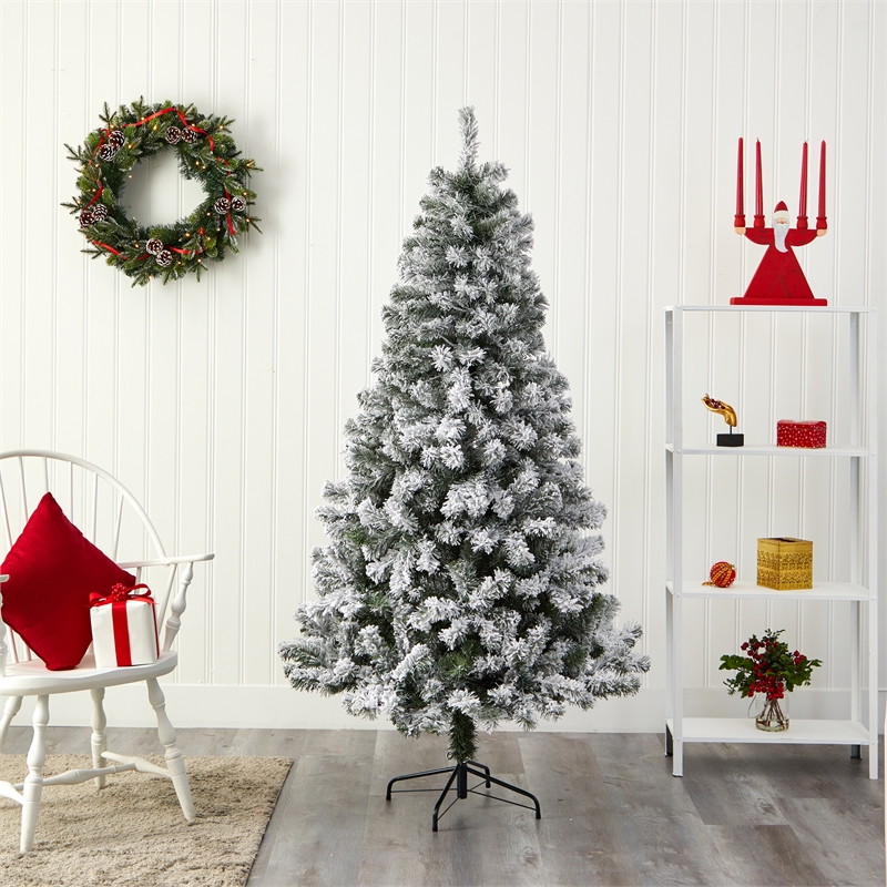 Nearly Natural 6ft Flocked Rock Springs Spruce Artificial Green Christmas Tree