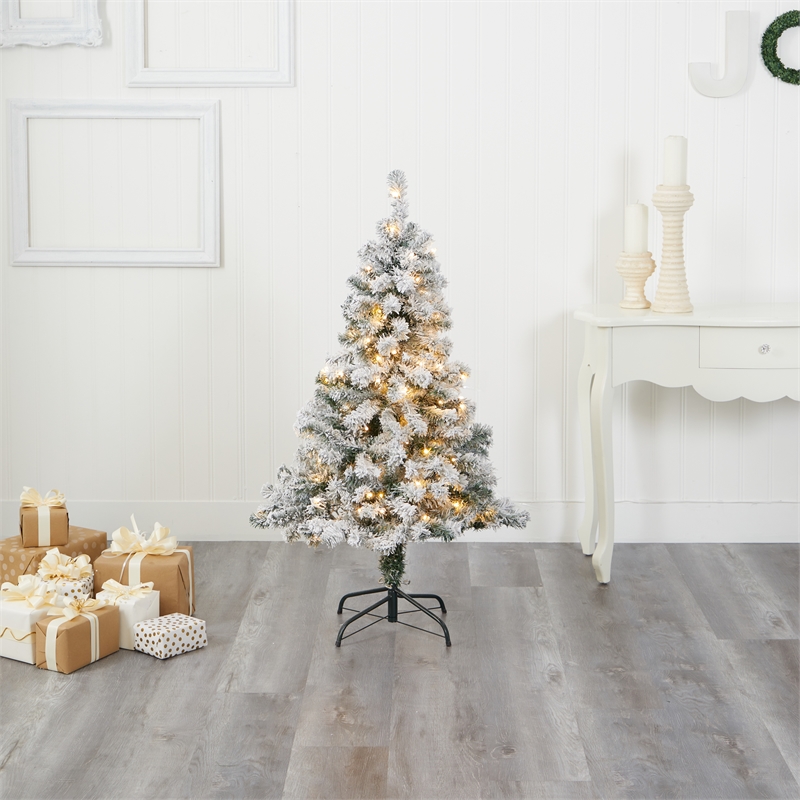 Nearly Natural 4ft Flocked Rock Springs Spruce Christmas Tree w/ 100 Clear LED