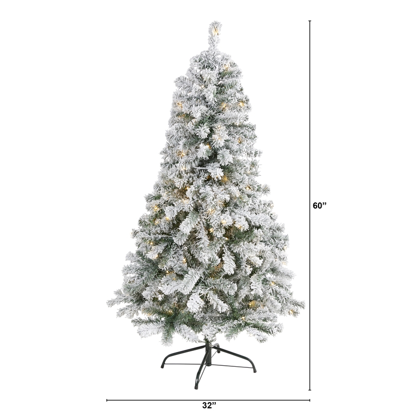 Nearly Natural 5ft Flocked Rock Springs Spruce Christmas Tree w/ 150 Clear LED