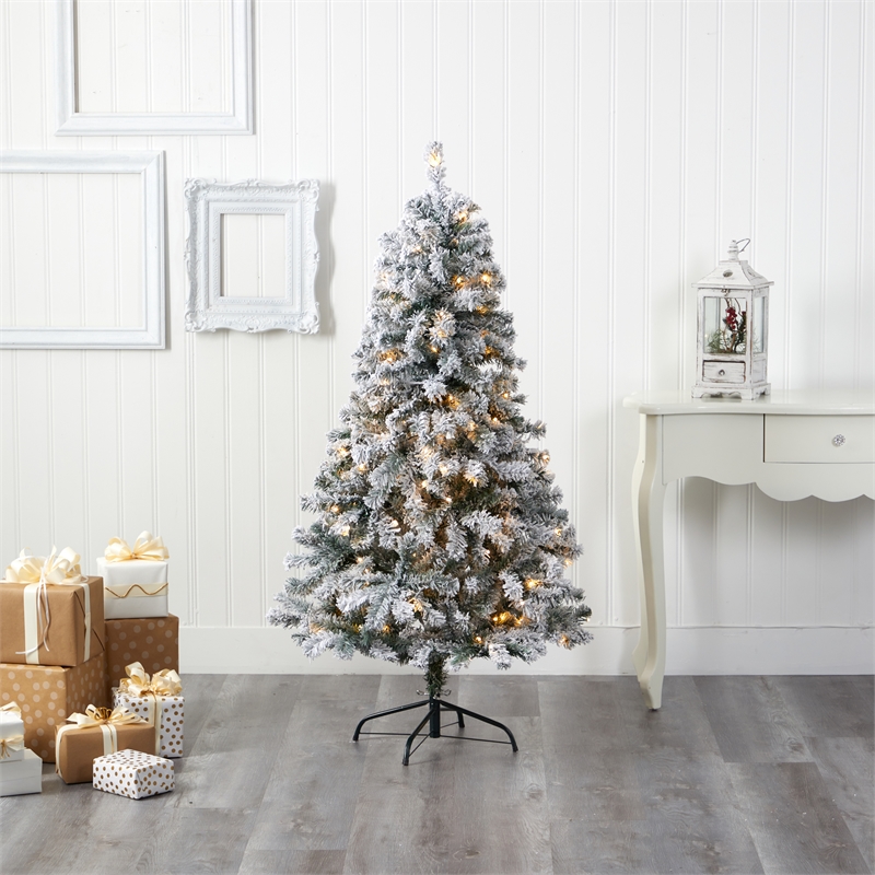 Nearly Natural 5ft Flocked Rock Springs Spruce Christmas Tree w/ 150 Clear LED