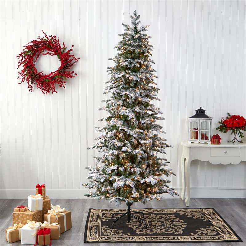 Nearly Natural 8ft Flocked North Carolina Fir Christmas Tree w/ 650 White Lights