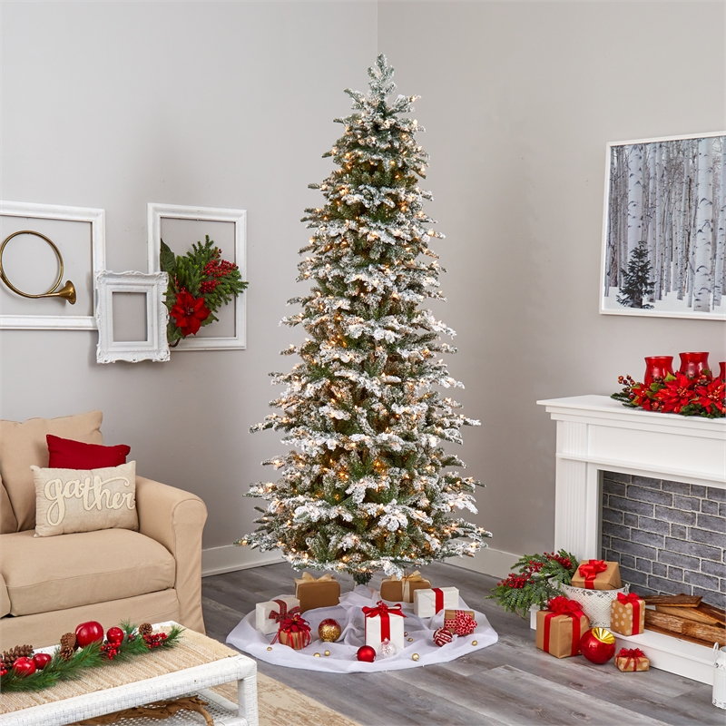 Nearly Natural 8ft Flocked North Carolina Fir Christmas Tree w/ 650 White Lights