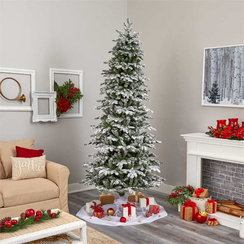 Nearly Natural 8ft Flocked North Carolina Fir Christmas Tree w/ 650 White Lights