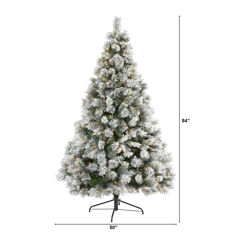 Nearly Natural 7ft Flocked Oregon Pine Christmas Tree w/ 400 Clear Lights