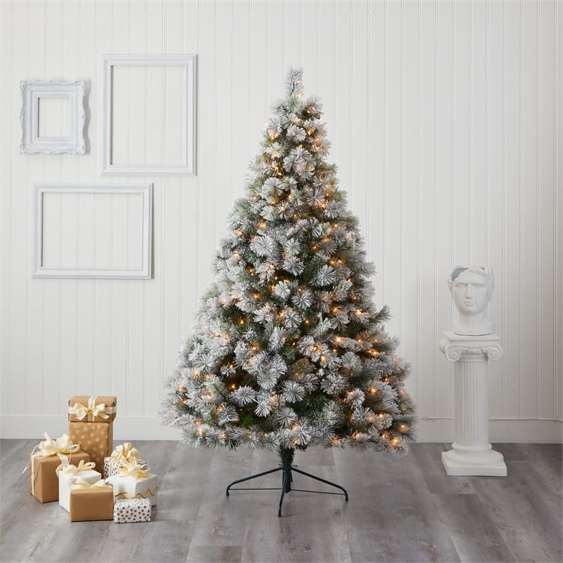 Nearly Natural 7ft Flocked Oregon Pine Christmas Tree w/ 400 Clear Lights