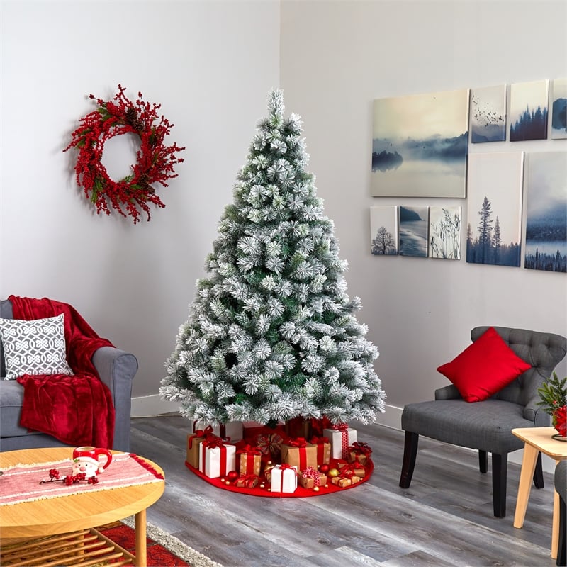 Nearly Natural 7ft Flocked Oregon Pine Christmas Tree w/ 400 Clear Lights