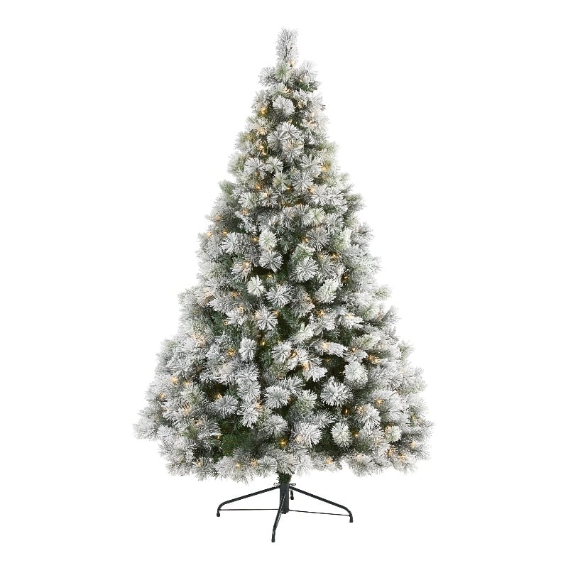 Nearly Natural 7ft Flocked Oregon Pine Christmas Tree w/ 400 Clear Lights