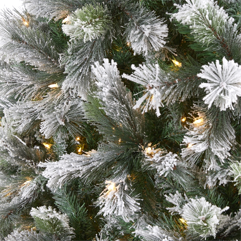 Nearly Natural 9ft Flocked Oregon Pine Christmas Tree w/ 600 Clear Lights