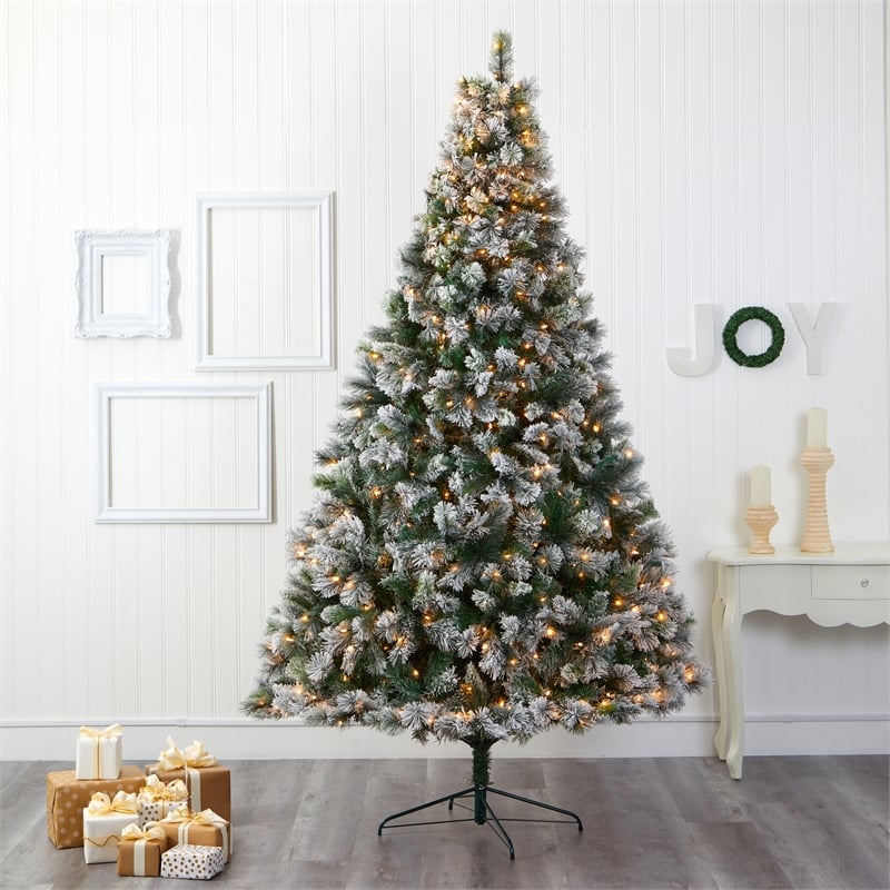 Nearly Natural 9ft Flocked Oregon Pine Christmas Tree w/ 600 Clear Lights