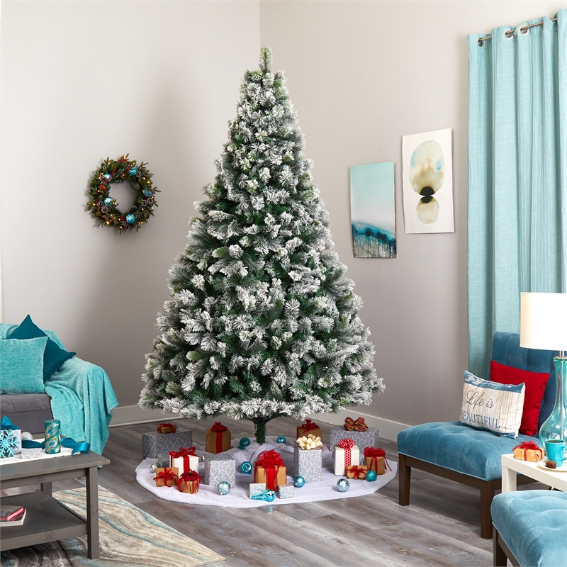Nearly Natural 9ft Flocked Oregon Pine Christmas Tree w/ 600 Clear Lights