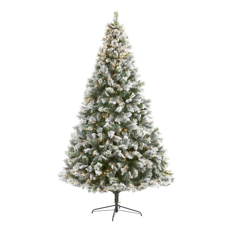 Nearly Natural 9ft Flocked Oregon Pine Christmas Tree w/ 600 Clear Lights