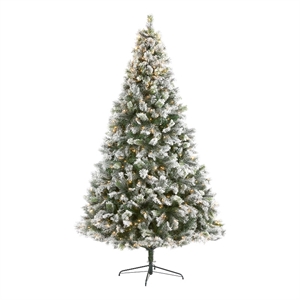 Nearly Natural 9ft Flocked Oregon Pine Christmas Tree w/ 600 Clear Lights