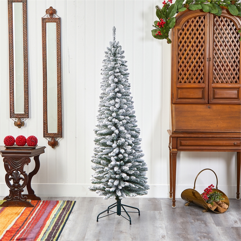 Nearly Natural 6ft Flocked Pencil Artificial Christmas Tree