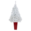 Nearly Natural 4.5ft White Christmas Tree w/ 100 Clear LED Lights in Red Planter