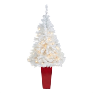 Nearly Natural 4.5ft White Christmas Tree w/ 100 Clear LED Lights in Red Planter