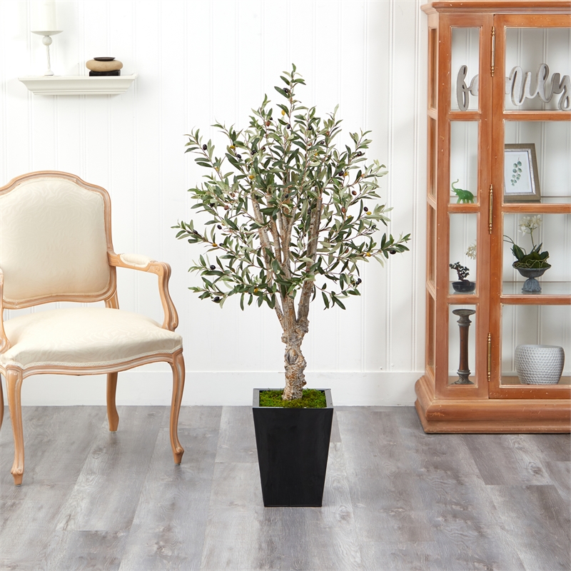 Nearly Natural 4.5ft Olive Artificial Tree in Black Metal Planter in Green