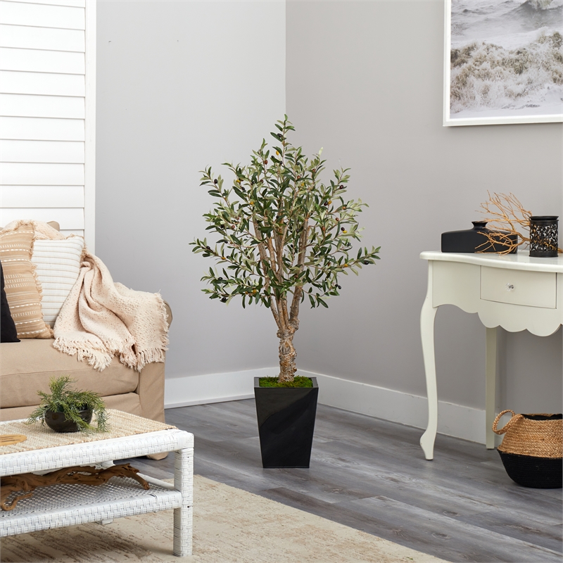 Nearly Natural 4.5ft Olive Artificial Tree in Black Metal Planter in Green