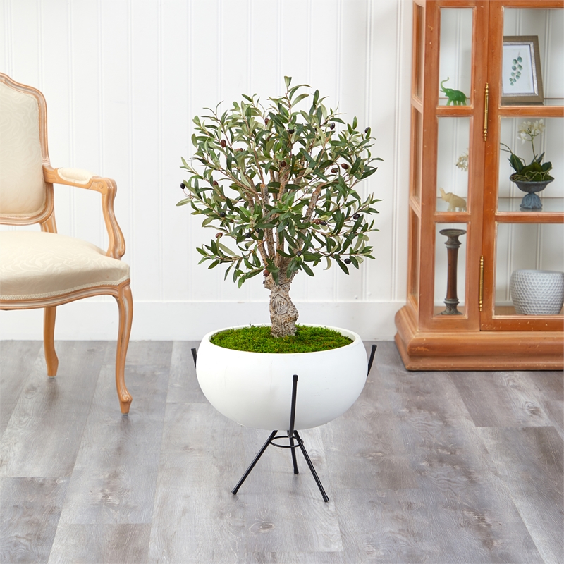 Nearly Natural 3ft Olive Artificial Tree in White Planter with Metal Stand