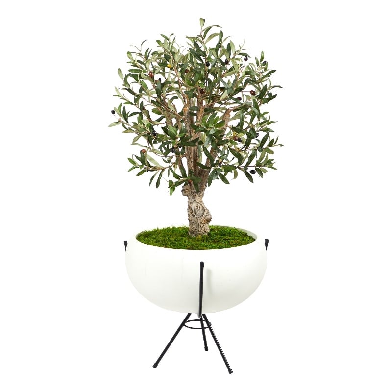 Nearly Natural 3ft Olive Artificial Tree in White Planter with Metal Stand