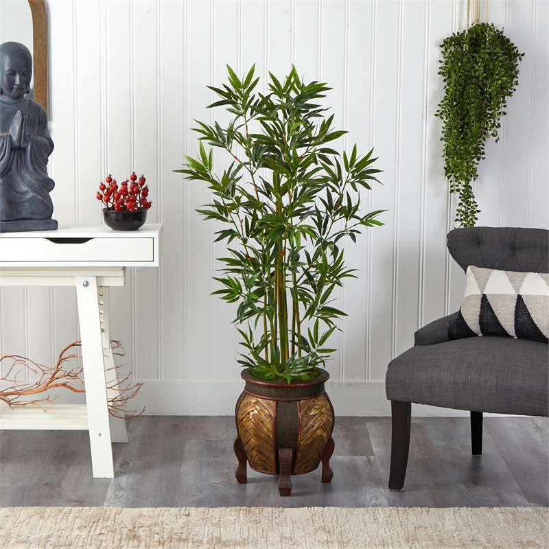 Nearly Natural 4.5ft Bamboo Palm Artificial Tree in Decorative Planter in Green