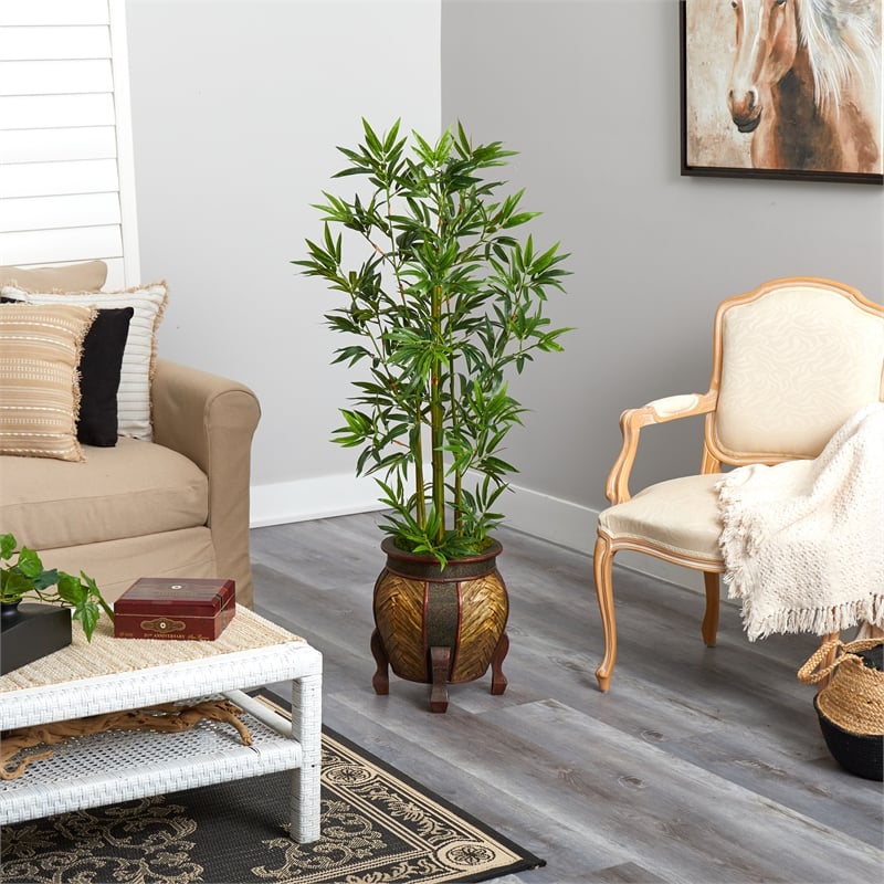 Nearly Natural 4.5ft Bamboo Palm Artificial Tree in Decorative Planter in Green