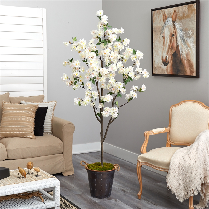 Nearly Natural 6ft Cherry Blossom Artificial Tree in Metal Pail w/ Rope