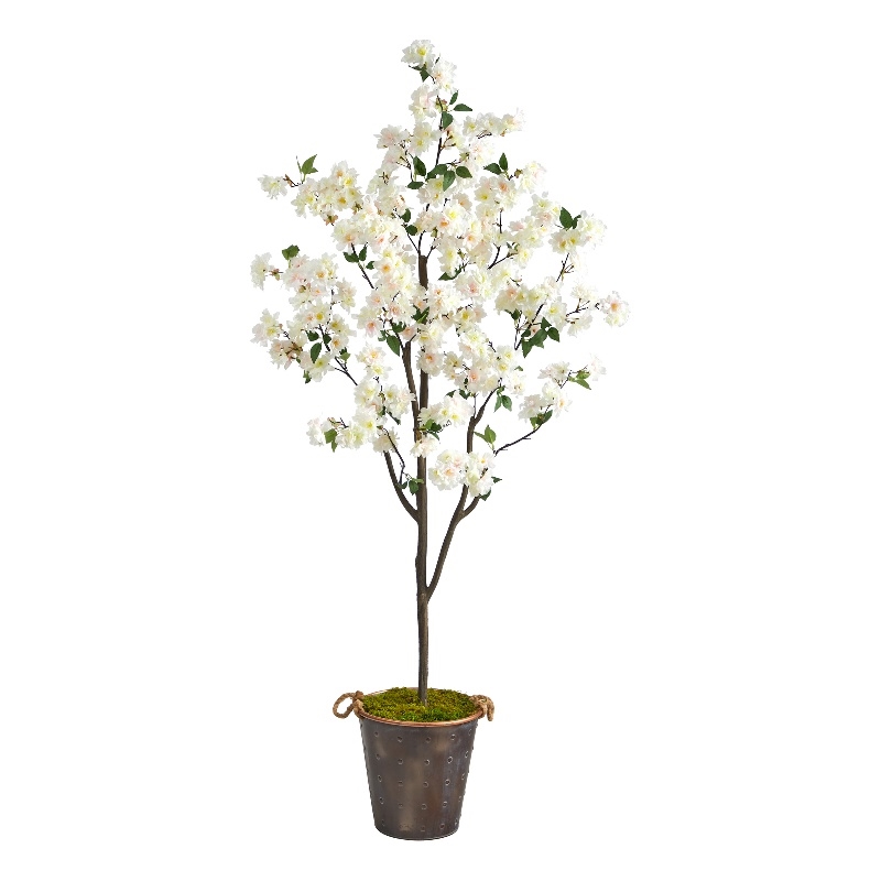 Nearly Natural 6ft Cherry Blossom Artificial Tree in Metal Pail w/ Rope