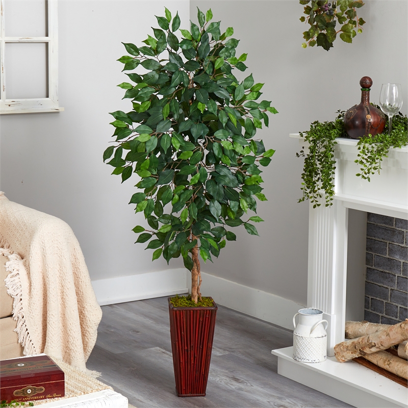 Nearly Natural 5ft Ficus Artificial Tree in Bamboo Planter in Green