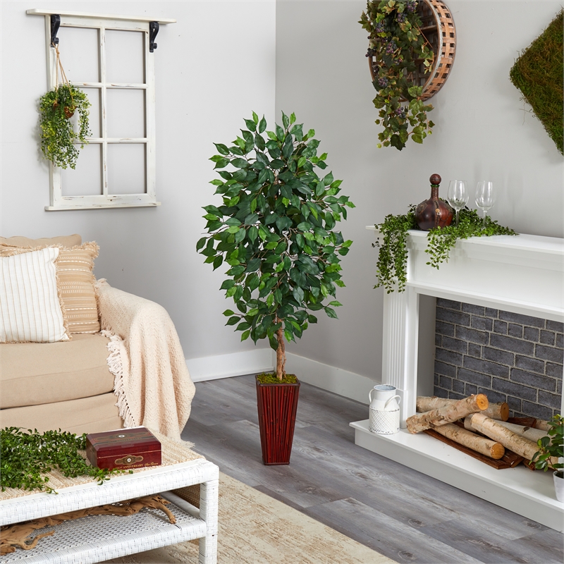 Nearly Natural 5ft Ficus Artificial Tree in Bamboo Planter in Green