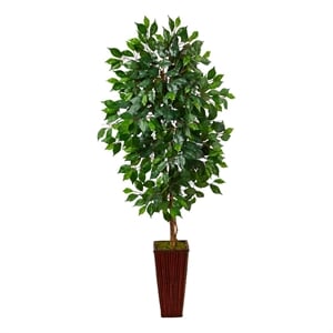 Nearly Natural 5ft Ficus Artificial Tree in Bamboo Planter in Green