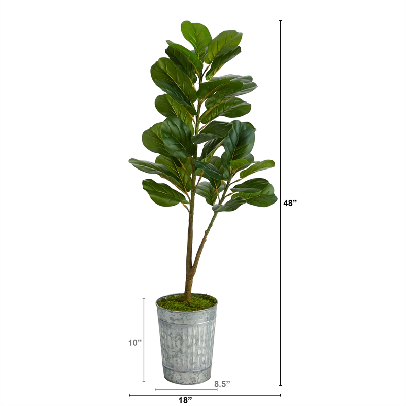 Nearly Natural 4ft Fiddle Leaf Fig Artificial Tree in Metal Planter in Green