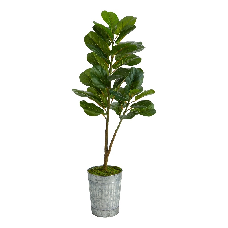Nearly Natural 4ft Fiddle Leaf Fig Artificial Tree in Metal Planter in Green