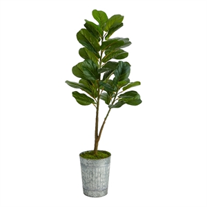 Nearly Natural 4ft Fiddle Leaf Fig Artificial Tree in Metal Planter in Green