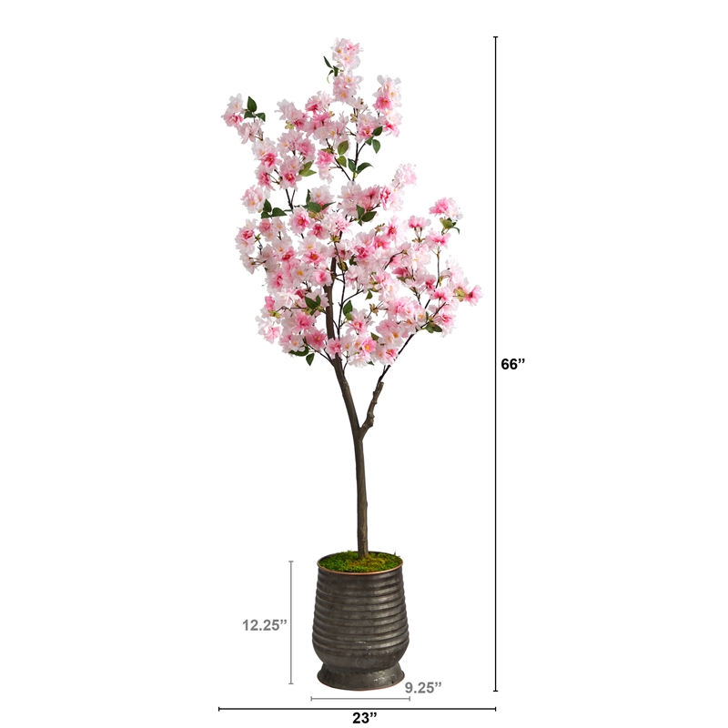 Nearly Natural 5.5ft Cherry Blossom Artificial Tree in Ribbed Metal Planter