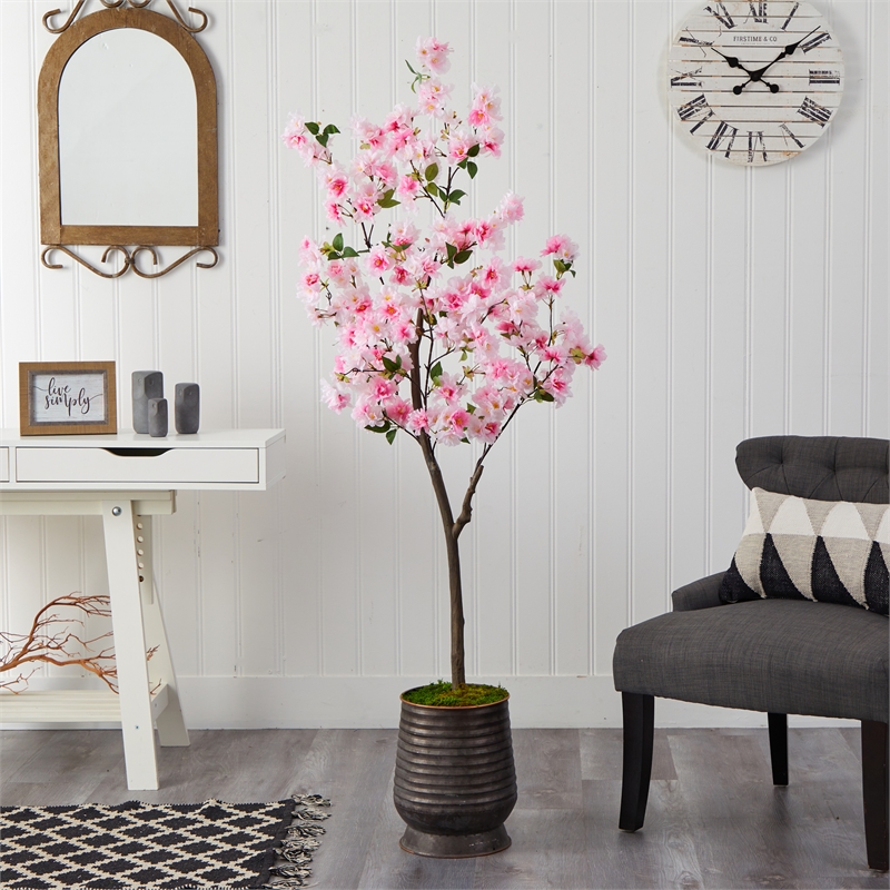 Nearly Natural 5.5ft Cherry Blossom Artificial Tree in Ribbed Metal Planter