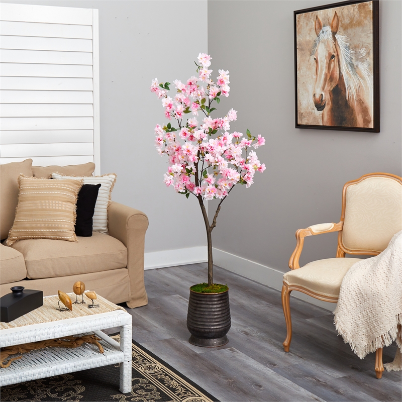 Nearly Natural 5.5ft Cherry Blossom Artificial Tree in Ribbed Metal Planter