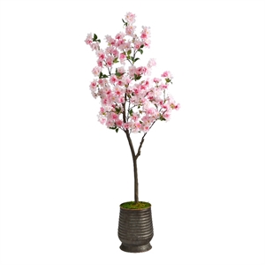 Nearly Natural 5.5ft Cherry Blossom Artificial Tree in Ribbed Metal Planter