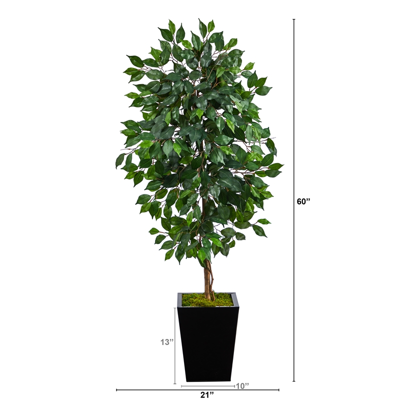 Nearly Natural 5ft Ficus Artificial Tree in Black Metal Planter in Green